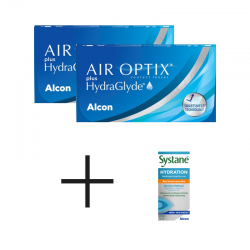 2 x Soczewki miesięczne Air Optix plus HydraGlyde 3 szt. + Krople Systene próbka 3 ml